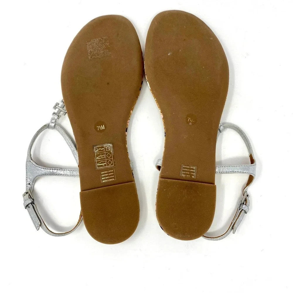 Tory Burch Silver Metallic Leather Cork Splatter Logo Thong Sandals Womens 7.5